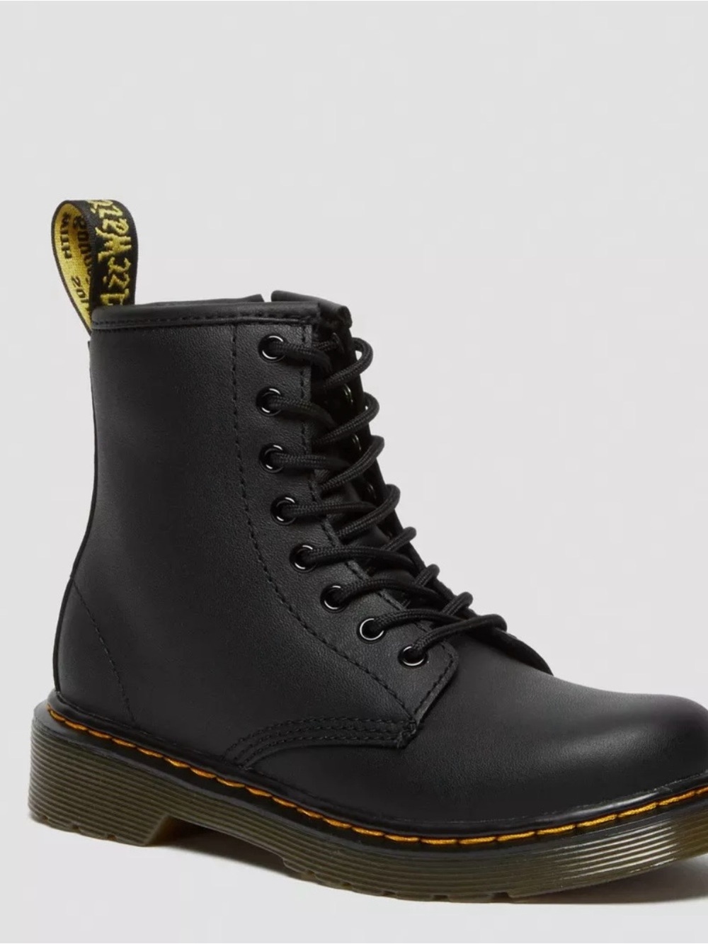 Dr. Martens Kids Black Lace-Up Combat Boots with Yellow Stitching